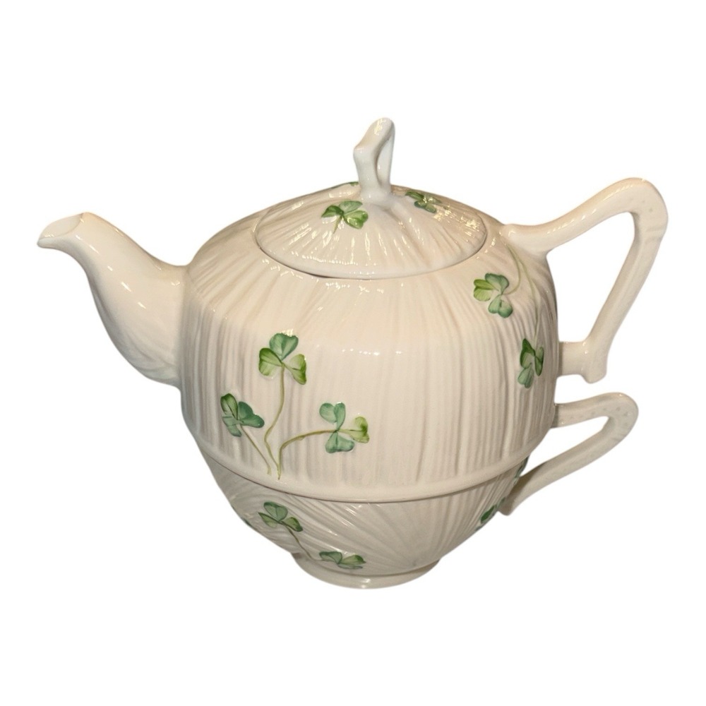 Belleek Ireland Shamrock Tea for One Stacking Teapot Cup Set Harp Vintage